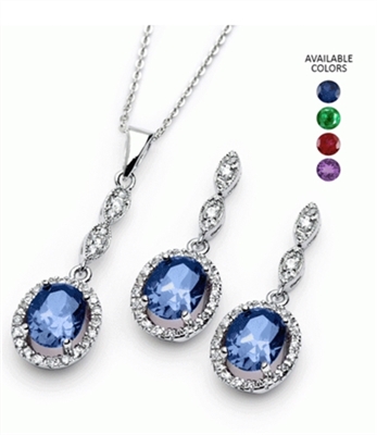 Diamond Essence Designer Earring Pendant Set With Sapphire Oval and Brilliant Melee, 5.0 Cts.t.w In Platinum Plated Sterling Silver.
Choice of Color : Ruby, Emerald, Amethyst, Sapphire