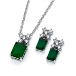 Diamond Essence Emerald Earring and Pendant set. Earrings created with 1.0 ct each Emerald Essence Emerald cut stone with Diamond Essence melee in cross design. Pendant with 2.5 Cts. Emerald Essence Emerald cut stone with melee cross on top. 5.0 Cts.T.W.