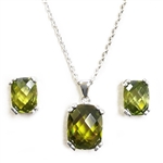 Diamond Essence Earring And Pendant Set With French Cut Dark Peridot Essence Stones In Platinum Plated Sterling Silver.