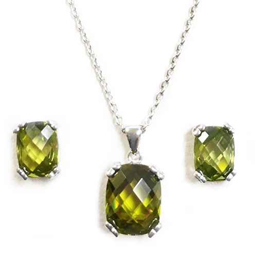 Diamond Essence Earring And Pendant Set With French Cut Dark Peridot Essence Stones In Platinum Plated Sterling Silver.