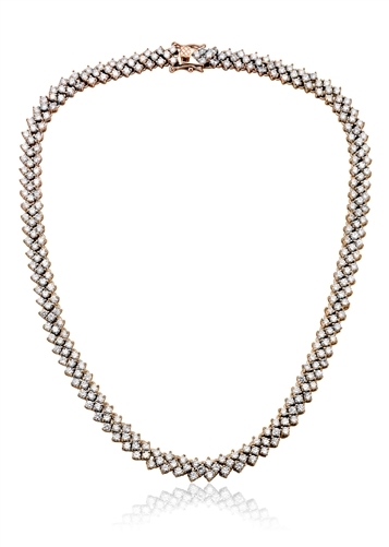 Diamond Essence 16" long dazzling necklace. Round brilliant stones, 0.7 ct. each, set in four prong setting of Rose Plated Sterling Silver. 3 rows, 7 mm width, 21.0 cts.t.w. gives brilliant sparkle and just perfect party wear.