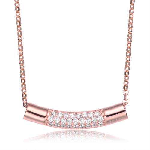 Diamond Essence Curve line Necklace With Pave Setting Round Brilliant Stones In Rose Plated Sterling Silver.