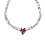 Designer Necklace with Marquise cut Ruby Floral in center and 2 rows of graduating  Marquise Essence all around neckline. Appx. 72.0 Cts.t.w. set in Platinum Plated Sterling Silver.