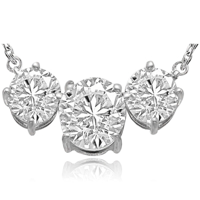 Triple-Stone-Necklace--Three round brilliant Diamond Essence masterpieces--2.0 Cts in the center with 1.0 ct. stones on either side--on a 16" anchor chain, with a lobster clasp for extra security. set in Platinum Plated Sterling Silver.