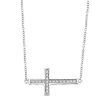 East-West Cross Necklace with 16" long attached chain and 0.25 ct.t.w. Diamond Essence Melee, in Platinum Plated Sterling Silver.