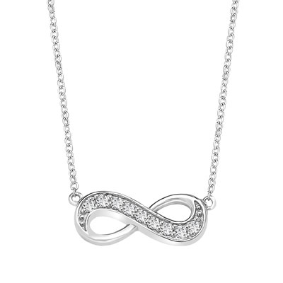 Infinity Necklace with 0.45 ct.t.w. Round Brilliant Diamond Essence stones on 16" long, Platinum Plated Sterling Silver chain.