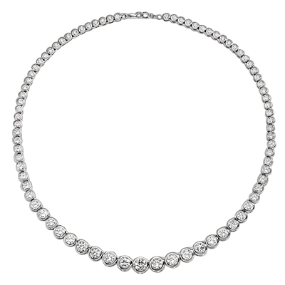 16" long Diamond Essence Designer Necklace with Bezel set, graduating Round Brilliant Diamond Essence, appx 26.0 cts.T.W. set in Platinum Plated Sterling Silver.