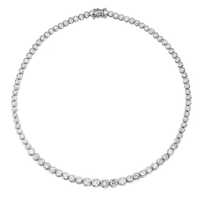 16" long Designer Necklace with Bezel set, graduating Round Diamond Essence, appx 18.0 cts.T.W. set in Platinum Plated Sterling Silver.