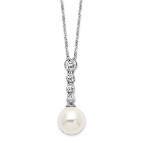 Diamond Essence Round Brilliant Melee and Pearl Pendant, 0.5 Ct.T.W. in Platinum Plated Sterling Silver. Chain Included.