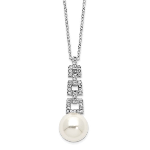 Diamond Essence Round Brilliant Melee and Pearl Pendant, 1.5 Ct.T.W. in Platinum Plated Sterling Silver. Chain Included.