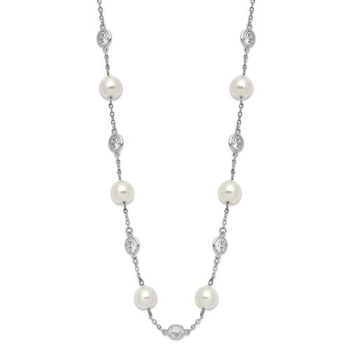 A stunning bezel-set necklace for women with 12 simulated pearls and 11 artificial round brilliant Diamonds  by Diamond Essence set in platinum plated sterling silver. 2.75 Cts.t.w. 7.86 mm width