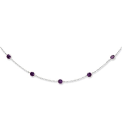 Platinum Plated Sterling Silver necklace with 0.25 ct. each, round  Amethyst Essence stone in delicate setting. 9 stones set at 1 inch gap on 18" long chain. 2.25 cts.t.w.