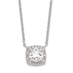Diamond Essence Pendant with 2.5 ct. cushion Cut Stone in center surrounded by round stones in Platinum Plated Sterling Silver.