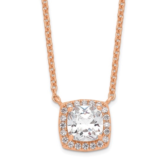 Diamond Essence Pendant with 2.5 ct. cushion Cut Stone in center surrounded by round stones in rose plated silver