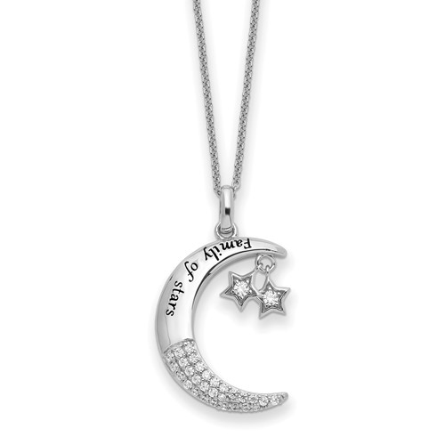 Prong set moon & star necklace with lab-made round brilliant melee diamonds by Diamond Essence set in platinum plated sterling silver. 0.30 Cts.t.w.