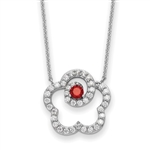 Diamond Essence Designer Pendant, with Round Brilliant melee and Garnet Essence set in artistic floral prong setting. 18" long chain in Platinum Plated Sterling Silver.