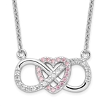 Prong Set Diamond Essence Round Diamond and Pink Melee Stones Set in Platinum Plated Sterling Silver Heart Necklace