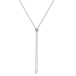 Lariat necklace with artificial brilliant round diamonds 0.5 Cts.t.w.  27, round melee in platinum plated sterling silver.  Slip on, adjustable, no clasp necklace