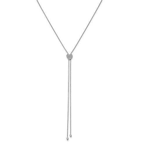 Lariat necklace with artificial brilliant round diamonds 0.5 Cts.t.w.  27, round melee in platinum plated sterling silver.  Slip on, adjustable, no clasp necklace