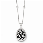 Diamond Essence Leaf Vine Designer Necklace With Pear Cut Onyx Essence Center Surrounded By Round Brilliant Melee in Platinum Plated Sterling Silver, 12 Cts.T.W.