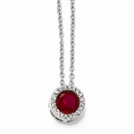 Platinum Plated Sterling Silver Diamond Essence Necklace With Round Brilliant Ruby Essence Center Escorted By Brilliant Melee.