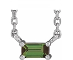 Women's single artificial green tourmaline straight baguette necklace by Diamond Essence set in platinum plated sterling silver. 0.25 Cts. t.w.