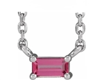 Women's single artificial pink tourmaline straight baguette necklace by Diamond Essence set in platinum plated sterling silver. 0.25 Cts. t.w.