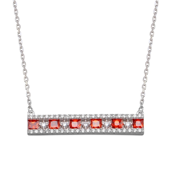 Beautiful bar necklace with simulated ruby princess stones and Round brilliant stones by Diamond Essence set in Platinum Plated Sterling Silver. 3.5 cts.t.w. with attached chain