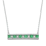 Beautiful bar necklace with simulated emerald princess stones and Round brilliant stones by Diamond Essence set in Platinum Plated Sterling Silver. 3.5 cts.t.w. with attached chain