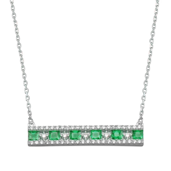 Beautiful bar necklace with simulated emerald princess stones and Round brilliant stones by Diamond Essence set in Platinum Plated Sterling Silver. 3.5 cts.t.w. with attached chain