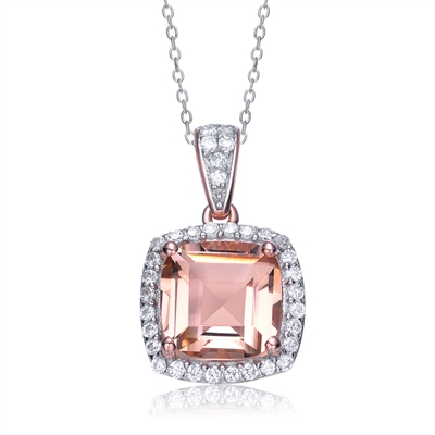 Diamond Essence Pendant With Cushion Cut Morganite Escorted By Melee And Melee On The Bail Enhance the Beauty, 5 Cts.T.W. In Rose Plating Over Sterling Silver.
