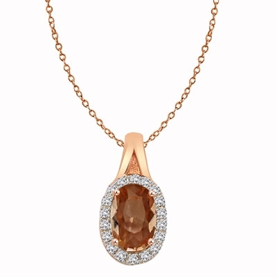 Diamond Essence Pendant with 2 Cts. Morganite Stone and Brilliant Melee, set in Rose Plated Sterling Silver Halo Setting.