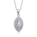 Diamond Essence Pendant With Marquise Essence Center Escorted By Two Rows Of Round Brilliant Melee, 1.60 Cts.T.W. In Platinum Plated Sterling Silver.
&#8203;Free Silver Chain Included.
&#8203;Approx Size Of Pendant Is 26.5mm Length And 10mm Width.