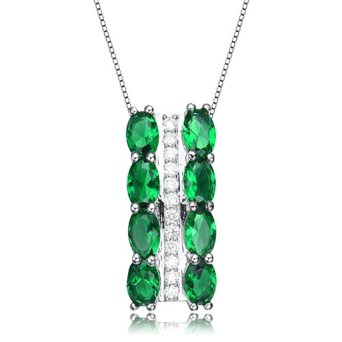 Diamond Essence Designer Pendant, with Emerald color Oval cut stones set in prong settings and Round Brilliant melee in a bar setting,  2.10 cts.t.w. in Platinum Plated Sterling Silver
