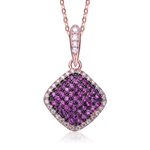 Diamond Essence Designer Pendant with Ruby Essence melee in pave setting, outlined with Diamond Essence melee,0.75 Cts.T.W in Rose Plated Sterling Silver.