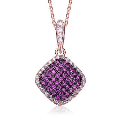 Diamond Essence Designer Pendant with Ruby Essence melee in pave setting, outlined with Diamond Essence melee,0.75 Cts.T.W in Rose Plated Sterling Silver.
