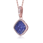 Diamond Essence Designer Pendant with Sapphire Essence melee in pave setting, outlined with Diamond Essence melee,0.75 Cts.T.W in Rose Plated Sterling Silver.