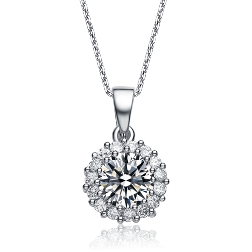 Diamond Essence 1.5 carat Round Brilliant stone surrounded by Diamond Essence melee, 2.0 cts.t.w. set in Platinum Plated Sterling Silver. Just perfect for everyday wear.