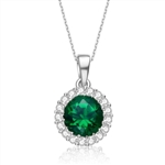 Diamond Essence 1.50carat Round Brilliant Emerald Essence stone surrounded by Diamond Essence melee, 2.0 cts.t.w. set in Platinum Plated Sterling Silver. Just perfect for everyday wear.