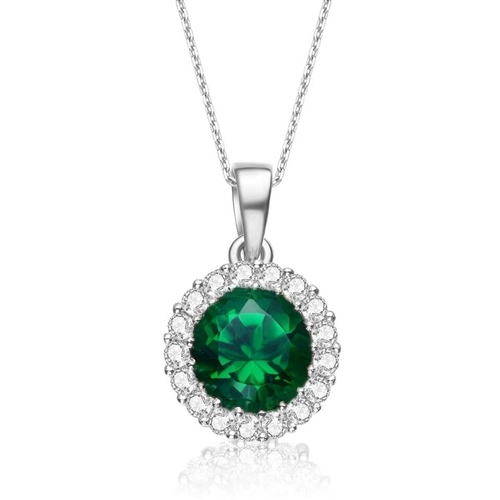 Diamond Essence 1.50carat Round Brilliant Emerald Essence stone surrounded by Diamond Essence melee, 2.0 cts.t.w. set in Platinum Plated Sterling Silver. Just perfect for everyday wear.