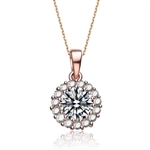 Diamond Essence 1.5 carat Round Brilliant stone surrounded by Diamond Essence melee, 2.0 cts.t.w. set in Rose Plated Sterling Silver. Just perfect for everyday wear. Chain not included.