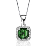 Designer Pendant With Emerald Essence Asscher cut stone in four prongs setting and surrounded by Diamond Essence Melee,1.50 Cts.T.W. in Platinum Plated Sterling Silver.