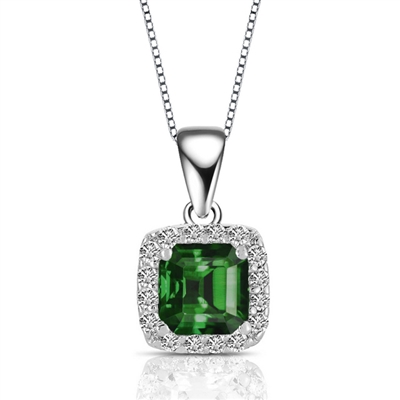 Designer Pendant With Emerald Essence Asscher cut stone in four prongs setting and surrounded by Diamond Essence Melee,1.50 Cts.T.W. in Platinum Plated Sterling Silver.