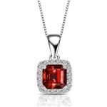Designer Pendant With Ruby Essence Asscher cut stone in four prongs setting and surrounded by Diamond Essence Melee,1.50 Cts.T.W. in Platinum Plated Sterling Silver.