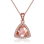 Diamond Essence Pendant With Trilliant Stone Surrounded By Melee In Rose Plated Sterling Silver.