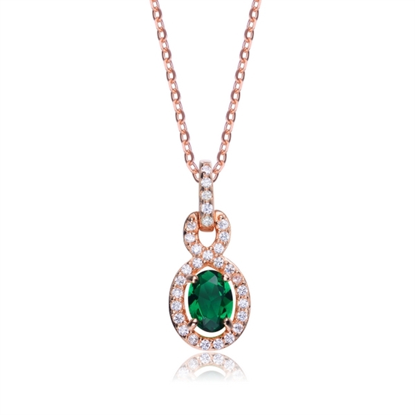 Designer Pendant with 1.0 CT Emerald Essence in the center. Round brilliant melee on the bail and surrounding center stone with interwined design. 1.75 cts.t.w. in Rose Plated Sterling Silver. ( Matching Earring item# SEC6600ER)