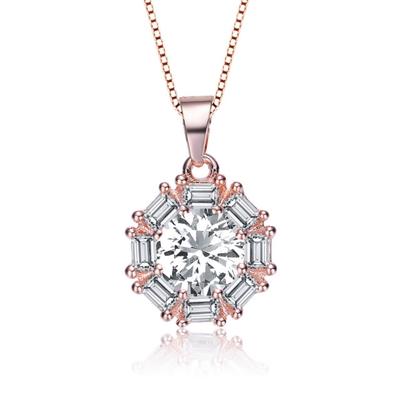 Designer pendant with 1.0 carat Round Brilliant Diamond Essence in the center, surrounded by baguettes in delicate prong setting of Rose Plated Sterling Silver. 2.0 cts.t.w.