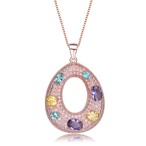 Diamond Essence multi color designer pendant, enhancing Amethyst Essence, Canary Essence and Aquamarine Essence on base of Round Brilliant Melee, 4.0 Cts.T.W in Rose Plated Sterling Silver.