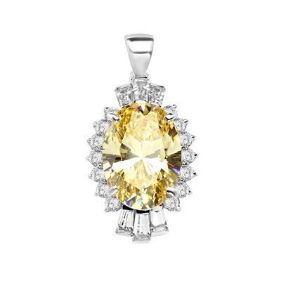 Diamond Essence Pendant in Platinum Plated Sterling Silver with 10 cts. Oval Canary in center. Round Essence and Baguettes on either side, set in prong settings, makes it a designer wear. 13.0 cts.T.W.