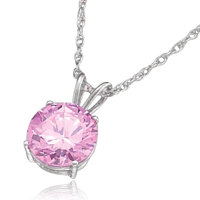 Diamond Essence lovely Pink Stone of 2.0 ct. set in Platinum Plated Sterling Silver four-prongs setting on 16" chain. (Also available in 14K Solid White Gold, Item# WPD1732).
Free Silver Chain Included.